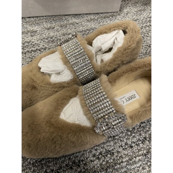 Jimmy Choo Faux Fur & Rhinestone Embellished Flats Size 37 Beige - Picture 4 of 8